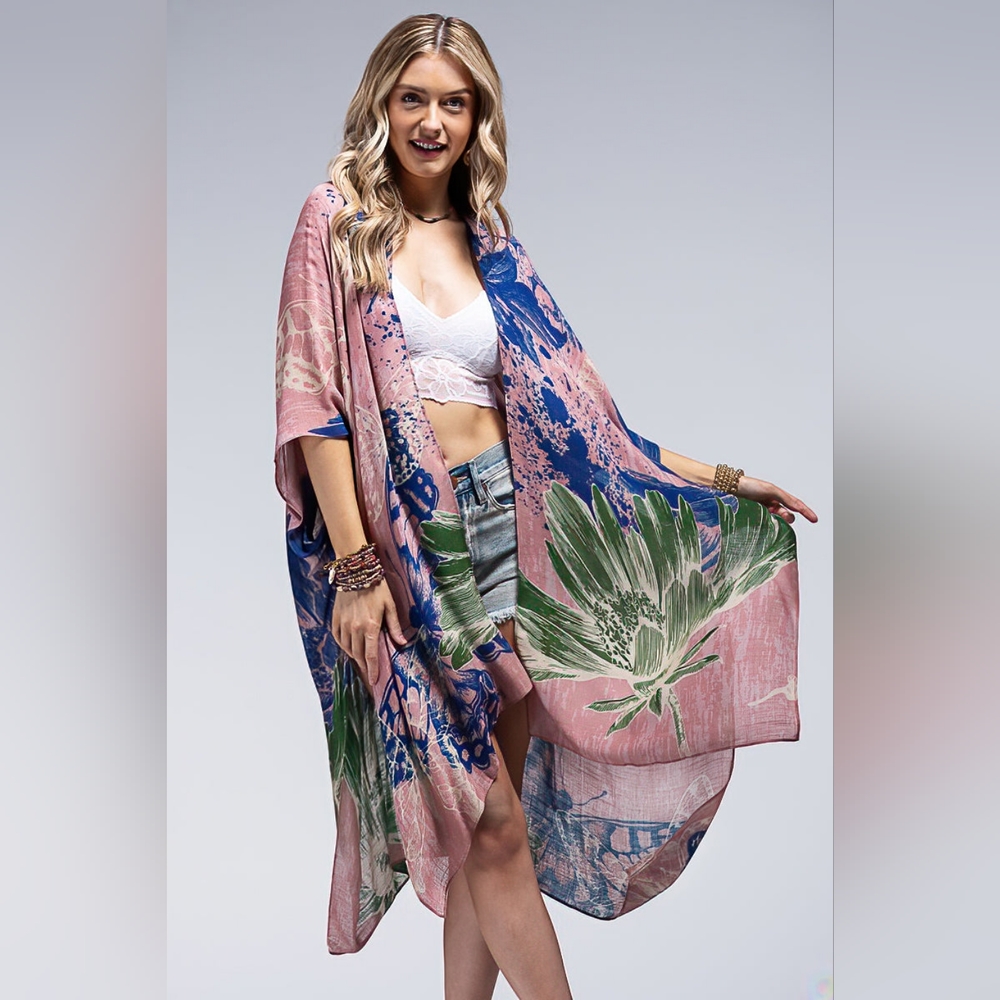 Flower Bouquet & Butterfly Print Kimono - Lightweight Silky Material